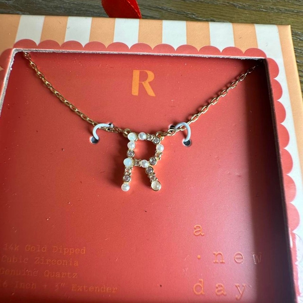 A New Day 14k Gold Dipped Initial R Necklace Cubic Zirconia Quartz 491595G-R